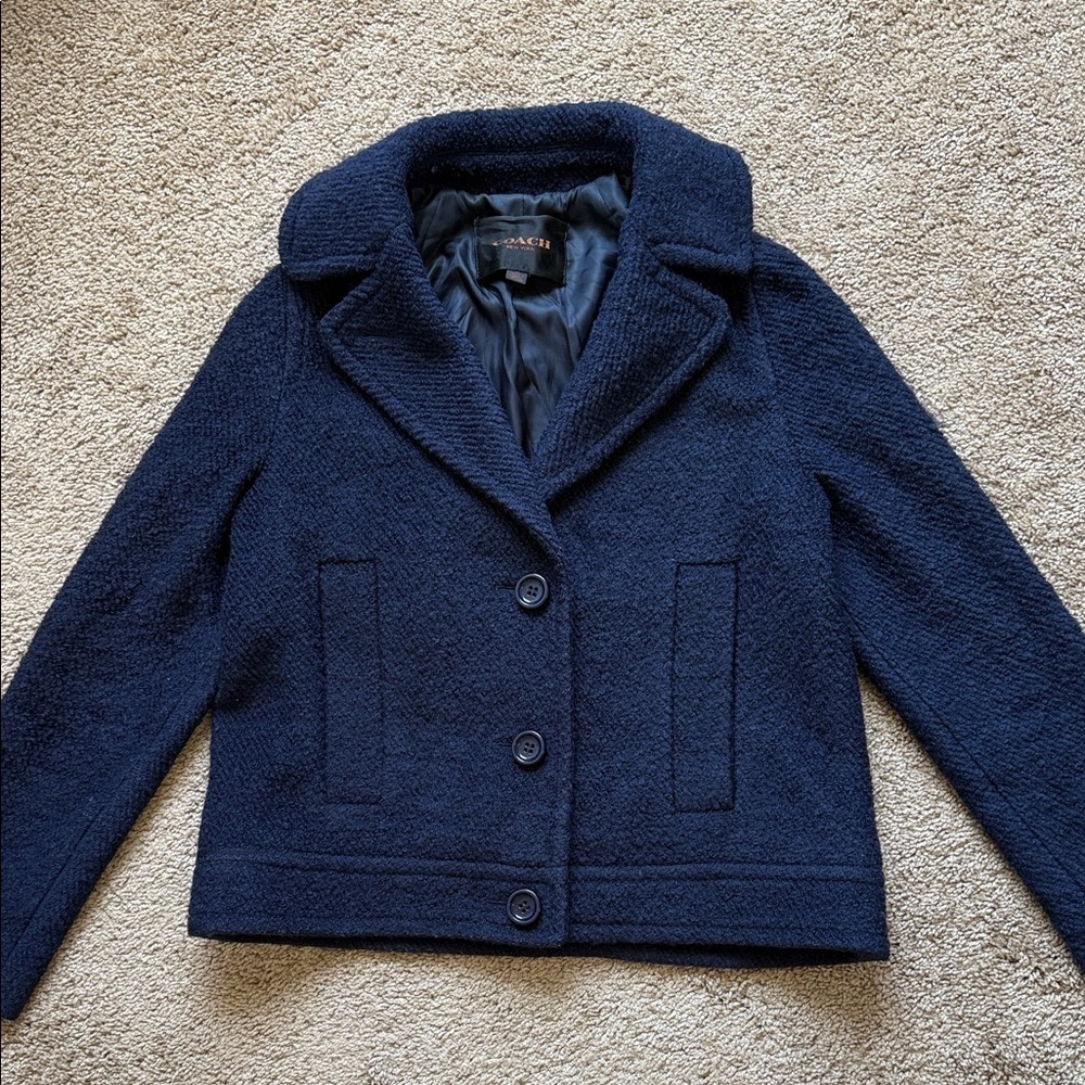 Coach Navy Wool Blend Collared Peacoat with Leather Trim
